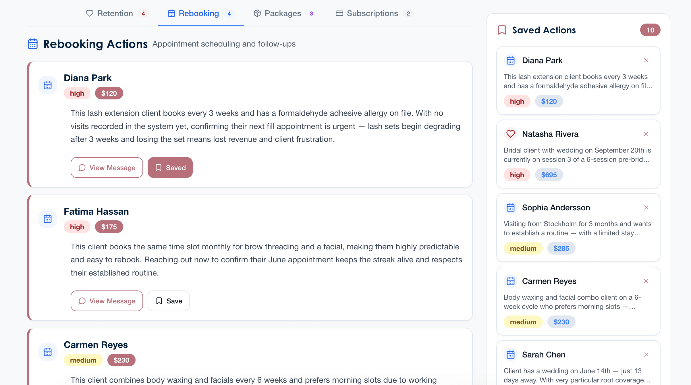 Smart Actions dashboard showing rebooking and retention action cards